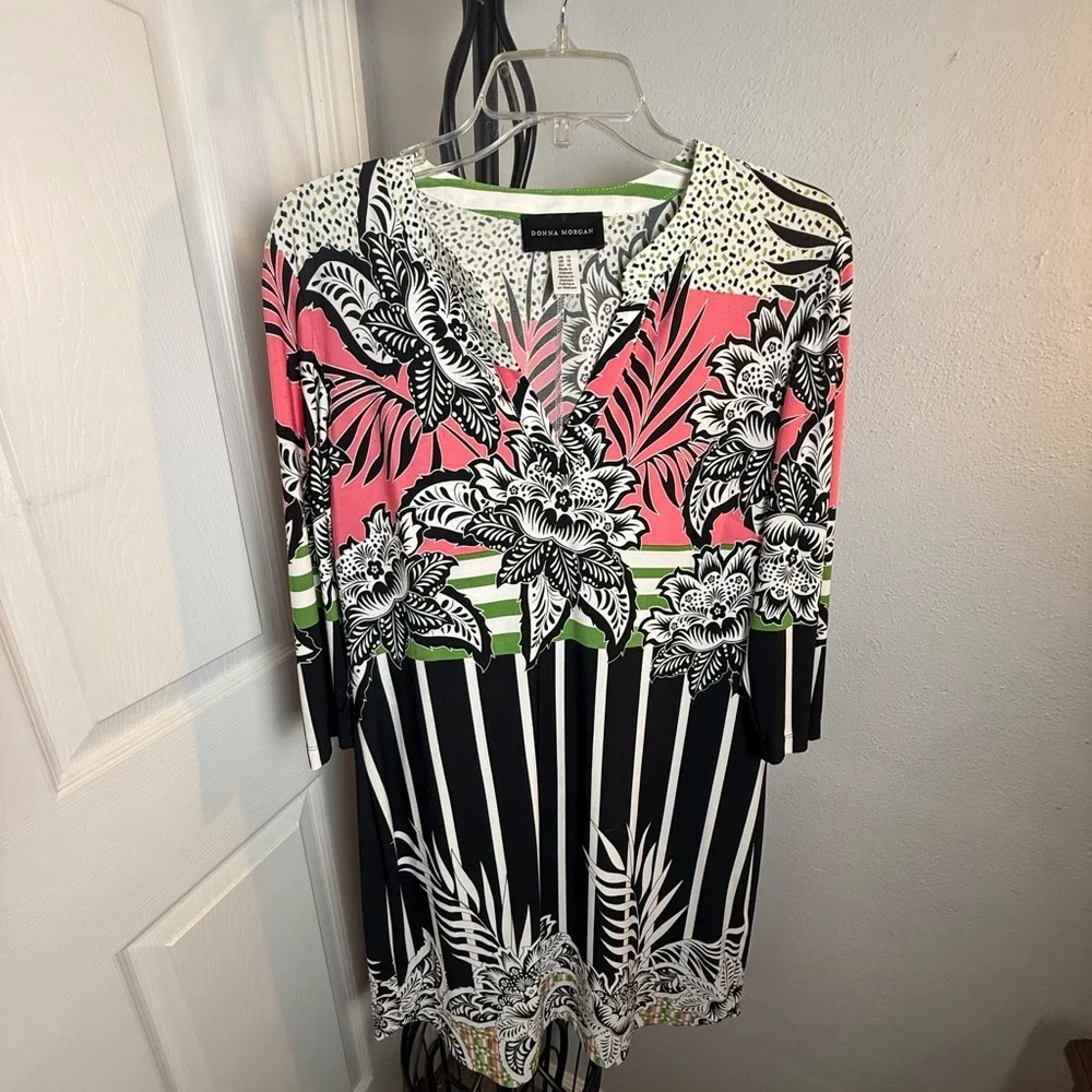 Donna Morgan Floral Print Midi Dress - Pink, Green, Black - Picture 1 of 9